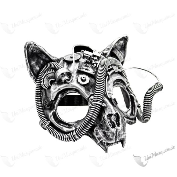 Silver Steampunk Robot Skull Cat Face Halloween Party Costume Face Mask - Picture 3 of 3
